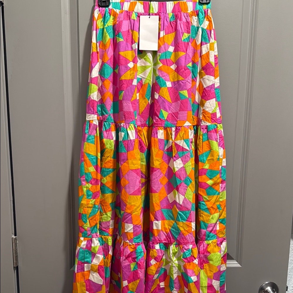 Flying Tomato Pink and Yellow Tiered Maxi Skirt